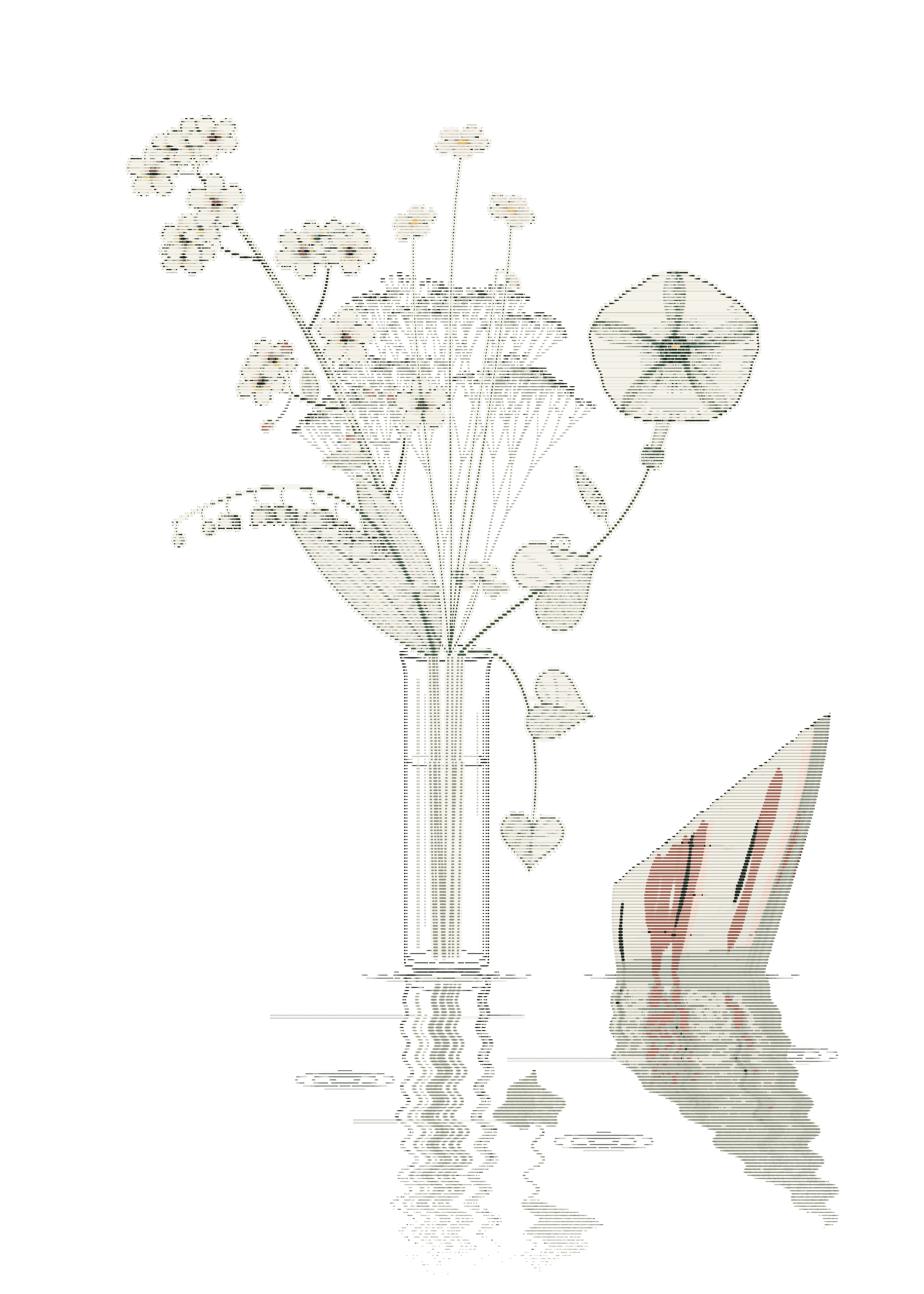 An engraved bouquet in a thin glass vase: a cherry branch, lily of the valley, wood sorrel and a moonflower, with baby's breath, beside a streaked stone, all standing on a light mirror covered in water that reflects them.